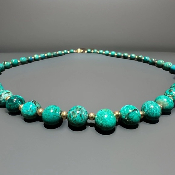 14k YG Spacers With Polished Malachite Beads Necklace 19.5”